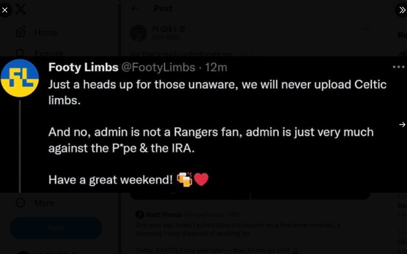 Image for Footy Limbs and Barstool Football collapse, Celts loving death of anti Celtic accounts.