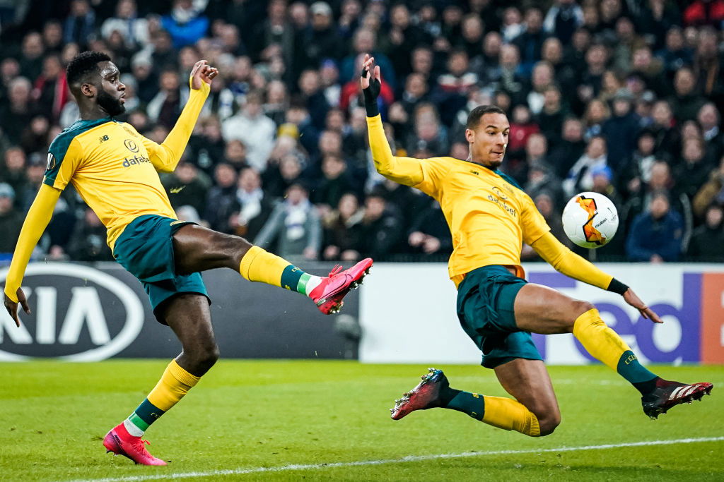 Celtic's French defender Christopher Jullien (R) plays the ball as Celtic's French forward Odsonne Edouard looks on during the Europa League last 32 first leg football match between FC Copenhagen and Celtic in Copenhagen, Denmark, on February 20, 2020. (Photo by Niels Christian Vilmann / Ritzau Scanpix / AFP) / Denmark OUT (Photo by NIELS CHRISTIAN VILMANN/Ritzau Scanpix/AFP via Getty Images)