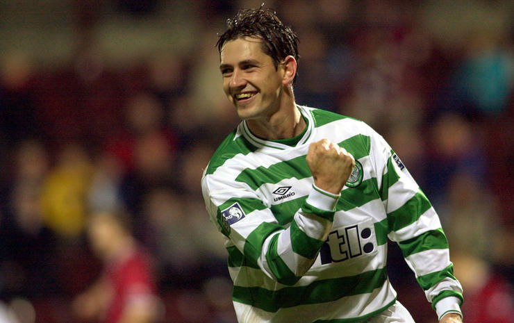 Celtic's Jackie McNamara celebrates after scoring in the last minutes of extra time which left Celtic with a 5-2 victory at Hearts v Celtic CIS Cup quarter-final at Edinburgh's Tynecastle stadium.