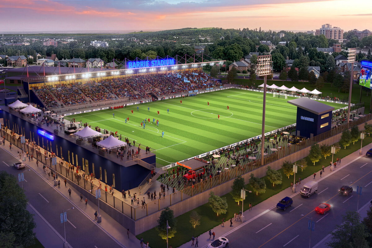 Architectural rendering of the future Barrie soccer stadium