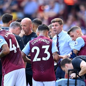 Aston Villa manager Steven Gerrard with his players