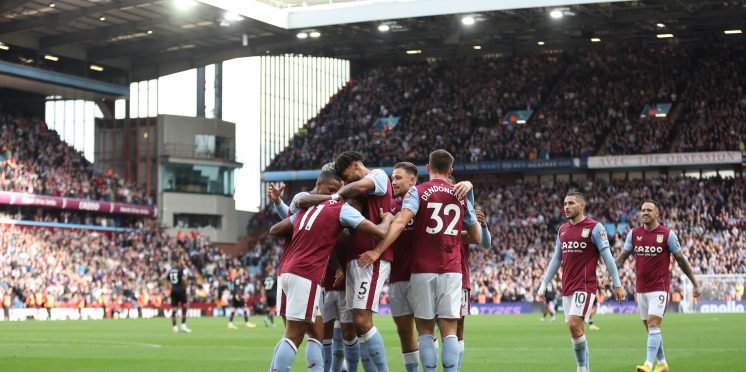 Aston Villa players celebrate against Brentford