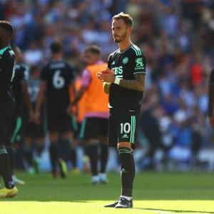 Newcastle transfer target James Maddison applauds the Leicester fans